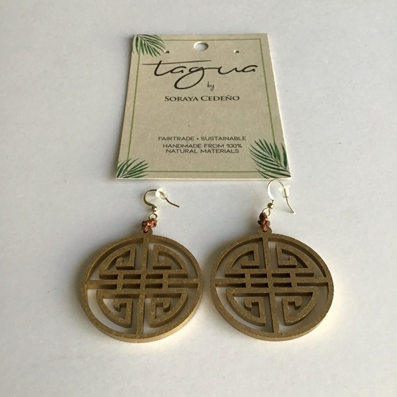 NEW Medallion Earrings Asian-Style Matte Gold Open Work Tagua Nut Lightweight - Picture 12 of 15